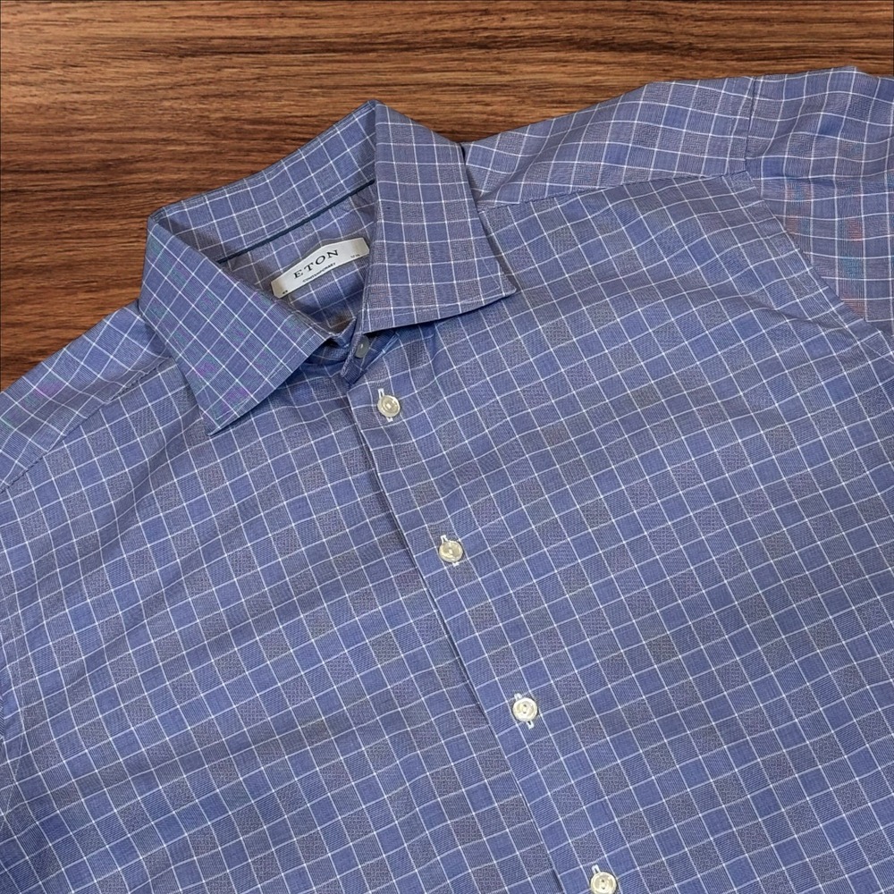 ETON Contemporary Dress Shirt Blue White Plaid Mens Size 17 1/2 44